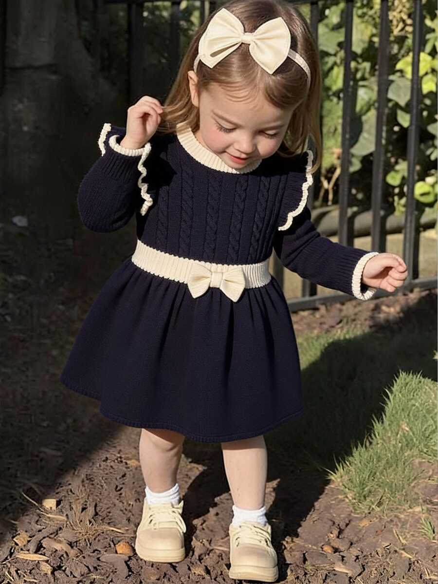 SHEIN Baby Girls Blue & White Color Block Waist-Cinching A-Line Dress, Bow Decor, Ruffle Trim, Baby Girls, Autumn/Winter Wear, Holiday Wear - Royal Blue - View 1