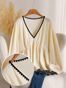 CosyJoli Women's Plus Size V-Neck Long Sleeve Cinched Waist Textured Cream Casual Elegant Versatile T-Shirt High Tea Tea Party Morning Going Out Autumn - Apricot - View 1