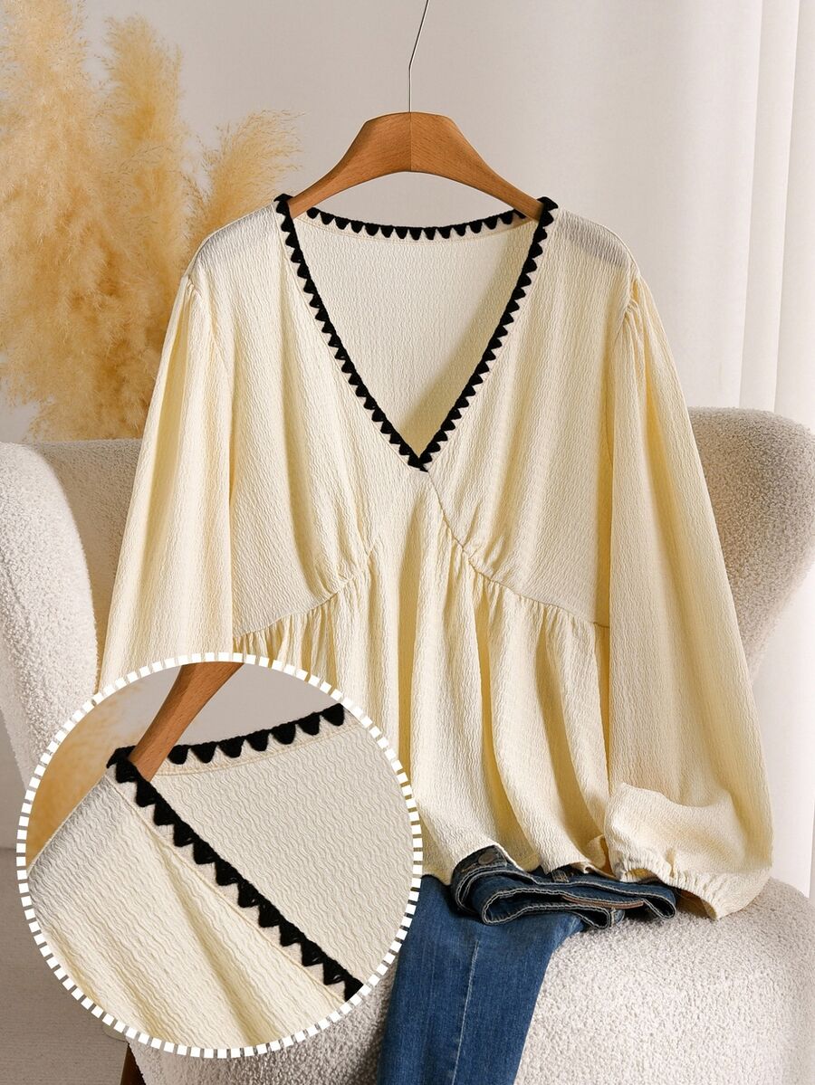 CosyJoli Women's Plus Size V-Neck Long Sleeve Cinched Waist Textured Cream Casual Elegant Versatile T-Shirt High Tea Tea Party Morning Going Out Autumn - Apricot - View 1