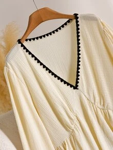 CosyJoli Women's Plus Size V-Neck Long Sleeve Cinched Waist Textured Cream Casual Elegant Versatile T-Shirt High Tea Tea Party Morning Going Out Autumn - Apricot - View 5