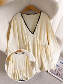 CosyJoli Women's Plus Size V-Neck Long Sleeve Cinched Waist Textured Cream Casual Elegant Versatile T-Shirt High Tea Tea Party Morning Going Out Autumn - Apricot - View 6