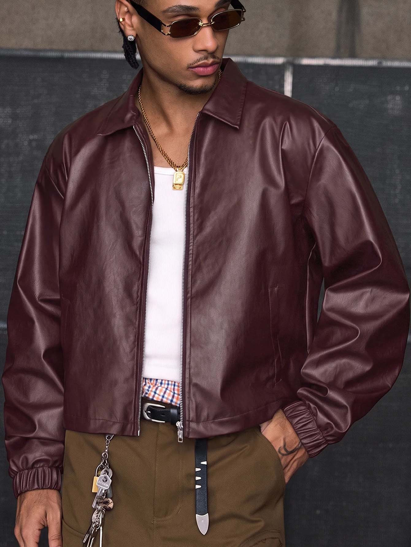AXEPEAK Autumn Fashion Turn-Down Collar Long Sleeve Men's Jacket - Burgundy - View 1