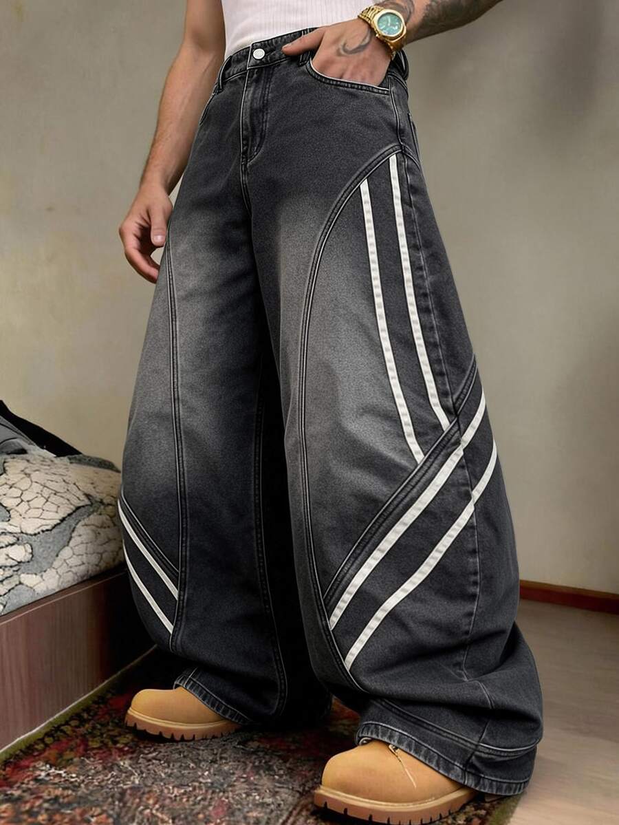 STEELVANCE Men's Deconstructed Panel Baggy Wide Leg Jeans Jeans Washed Contrast Dark Grey Striped Balloon Denim Pants Rave Vacation Autumn Streetwear - Dark Grey - View 1
