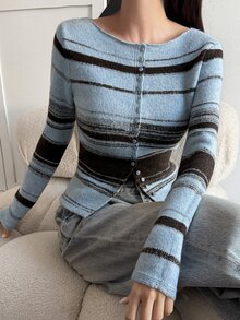 Livesso Women's Round Neck Button Striped Colorblock Slim Fit Long Sleeve Blue Knit Cardigan Fall - Blue - View 7