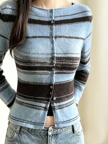 Livesso Women's Round Neck Button Striped Colorblock Slim Fit Long Sleeve Blue Knit Cardigan Fall - Blue - View 1