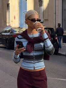 Livesso Women's Round Neck Button Striped Colorblock Slim Fit Long Sleeve Blue Knit Cardigan Fall - Blue - View 8