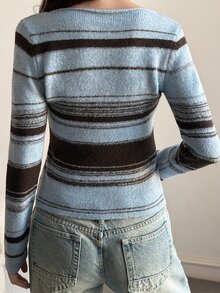 Livesso Women's Round Neck Button Striped Colorblock Slim Fit Long Sleeve Blue Knit Cardigan Fall - Blue - View 2