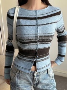 Livesso Women's Round Neck Button Striped Colorblock Slim Fit Long Sleeve Blue Knit Cardigan Fall - Blue - View 6