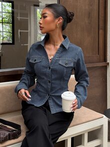 Livesso Atasan Denim Garis Vertikal Biru & Putih Lengan Panjang Slim Fit dengan Kerah Lipat dan Kancing Depan, Dekorasi Saku Bergaris, Model Musim Gugur - Biru - View 6
