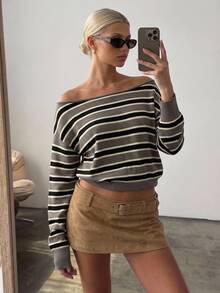Livesso Women's Black And Yellow Boat Neck Long Sleeve Casual French Streetwear Sweater Fall Work Travel Everyday Date Brunch Night - Brown - View 7