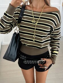 Livesso Women's Black And Yellow Boat Neck Long Sleeve Casual French Streetwear Sweater Fall Work Travel Everyday Date Brunch Night - Brown - View 1