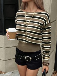 Livesso Women's Black And Yellow Boat Neck Long Sleeve Casual French Streetwear Sweater Fall Work Travel Everyday Date Brunch Night - Brown - View 6