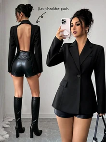 SHEIN Raffinéa Women's Blazer, Sexy & Sensual Backless Design, Versatile & Fashionable, Suitable For Parties, Carnivals And Other Important Occasions - Black - View 2