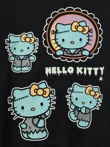 HELLO KITTY AND FRIENDS | SHEIN 1件青少年女孩休閒優雅可愛精緻舒適寬鬆針織萬聖節螢光圖案黑色圓領套頭衛衣，適合返校、外出、休閒活動，秋冬穿著 - 黑色 - 查看 5