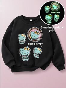 HELLO KITTY AND FRIENDS | SHEIN 1件青少年女孩休閒優雅可愛精緻舒適寬鬆針織萬聖節螢光圖案黑色圓領套頭衛衣，適合返校、外出、休閒活動，秋冬穿著 - 黑色 - 查看 3
