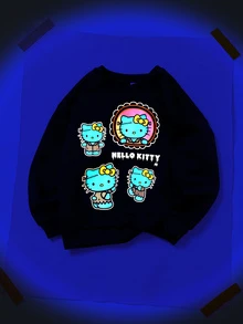 HELLO KITTY AND FRIENDS | SHEIN 1件青少年女孩休閒優雅可愛精緻舒適寬鬆針織萬聖節螢光圖案黑色圓領套頭衛衣，適合返校、外出、休閒活動，秋冬穿著 - 黑色 - 查看 8