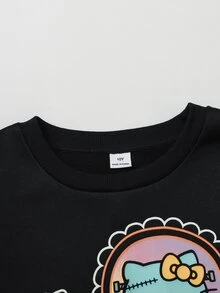 HELLO KITTY AND FRIENDS | SHEIN 1件青少年女孩休閒優雅可愛精緻舒適寬鬆針織萬聖節螢光圖案黑色圓領套頭衛衣，適合返校、外出、休閒活動，秋冬穿著 - 黑色 - 查看 6