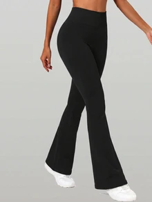 Solea Cove Solea Cove Women's Solid Color High Waist Flare Leg Sports Pants - Black - View 2