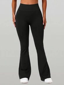 Solea Cove Solea Cove Women's Solid Color High Waist Flare Leg Sports Pants - Black - View 5