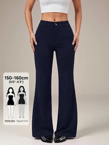 SHEIN PETITE 女款 95% 棉黑色前扣休閒修身喇叭褲 - 適合四季，完美適用於春夏工作、通勤、正式場合、約會、晚宴、雞尾酒會和下午茶 - 藏蓝色 - 查看 11