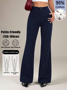 SHEIN PETITE 女款 95% 棉黑色前扣休閒修身喇叭褲 - 適合四季，完美適用於春夏工作、通勤、正式場合、約會、晚宴、雞尾酒會和下午茶 - 藏蓝色 - 查看 10