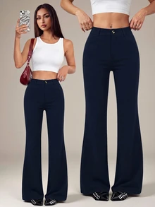 SHEIN PETITE 女款 95% 棉黑色前扣休閒修身喇叭褲 - 適合四季，完美適用於春夏工作、通勤、正式場合、約會、晚宴、雞尾酒會和下午茶 - 藏蓝色 - 查看 7