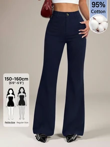 SHEIN PETITE 女款 95% 棉黑色前扣休閒修身喇叭褲 - 適合四季，完美適用於春夏工作、通勤、正式場合、約會、晚宴、雞尾酒會和下午茶 - 藏蓝色 - 查看 1
