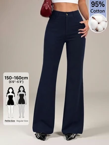 SHEIN PETITE 女款 95% 棉黑色前扣休閒修身喇叭褲 - 適合四季，完美適用於春夏工作、通勤、正式場合、約會、晚宴、雞尾酒會和下午茶 - 藏蓝色 - 查看 9
