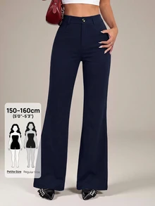 SHEIN PETITE 女款 95% 棉黑色前扣休閒修身喇叭褲 - 適合四季，完美適用於春夏工作、通勤、正式場合、約會、晚宴、雞尾酒會和下午茶 - 藏蓝色 - 查看 2