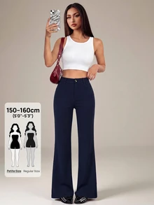 SHEIN PETITE 女款 95% 棉黑色前扣休閒修身喇叭褲 - 適合四季，完美適用於春夏工作、通勤、正式場合、約會、晚宴、雞尾酒會和下午茶 - 藏蓝色 - 查看 5
