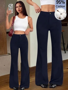SHEIN PETITE 女款 95% 棉黑色前扣休閒修身喇叭褲 - 適合四季，完美適用於春夏工作、通勤、正式場合、約會、晚宴、雞尾酒會和下午茶 - 藏蓝色 - 查看 6