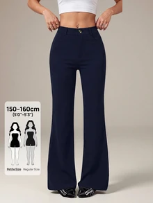 SHEIN PETITE 女款 95% 棉黑色前扣休閒修身喇叭褲 - 適合四季，完美適用於春夏工作、通勤、正式場合、約會、晚宴、雞尾酒會和下午茶 - 藏蓝色 - 查看 4