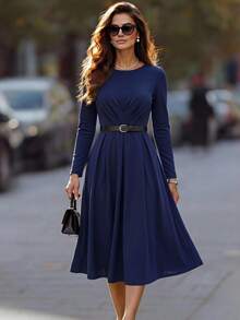 Editum Women's Solid Color Ruffle Waist A-Line Long Sleeve Dress Teachers' Day Office Church Navy Blue Autumn Elegant - Navy Blue - View 1