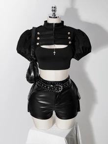 SHEIN ICON 女款大尺碼復古性感千禧風Y2K簡約休閒時尚個性超短雙排扣立領泡泡袖黑色上衣 - 黑色 - 查看 5