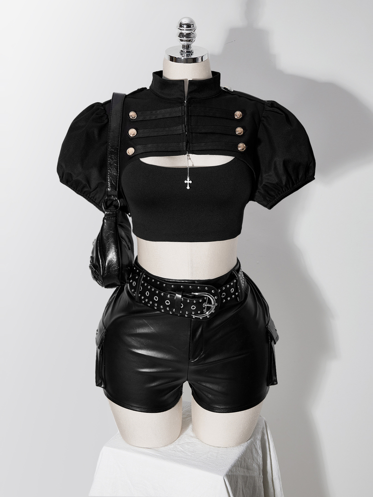 SHEIN ICON 女款大尺碼復古性感千禧風Y2K簡約休閒時尚個性超短雙排扣立領泡泡袖黑色上衣 - 黑色 - 查看 5