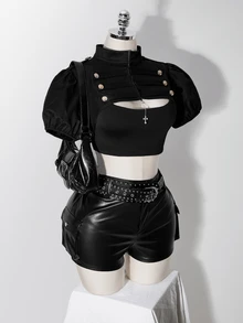 SHEIN ICON 女款大尺碼復古性感千禧風Y2K簡約休閒時尚個性超短雙排扣立領泡泡袖黑色上衣 - 黑色 - 查看 11