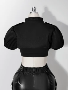 SHEIN ICON 女款大尺碼復古性感千禧風Y2K簡約休閒時尚個性超短雙排扣立領泡泡袖黑色上衣 - 黑色 - 查看 2