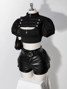 SHEIN ICON 女款大尺碼復古性感千禧風Y2K簡約休閒時尚個性超短雙排扣立領泡泡袖黑色上衣 - 黑色 - 查看 6
