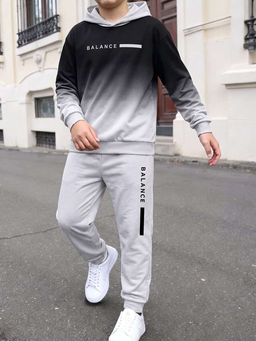 Tween Boy Casual Minimalist Long Sleeve Hooded Comfortable Sweatshirt 2 Pieces Set, Suitable For Autumn/Winter, Casual Minimalist Cartoon Pattern, Fleece Lined, Thickened - Multicolor - View 1