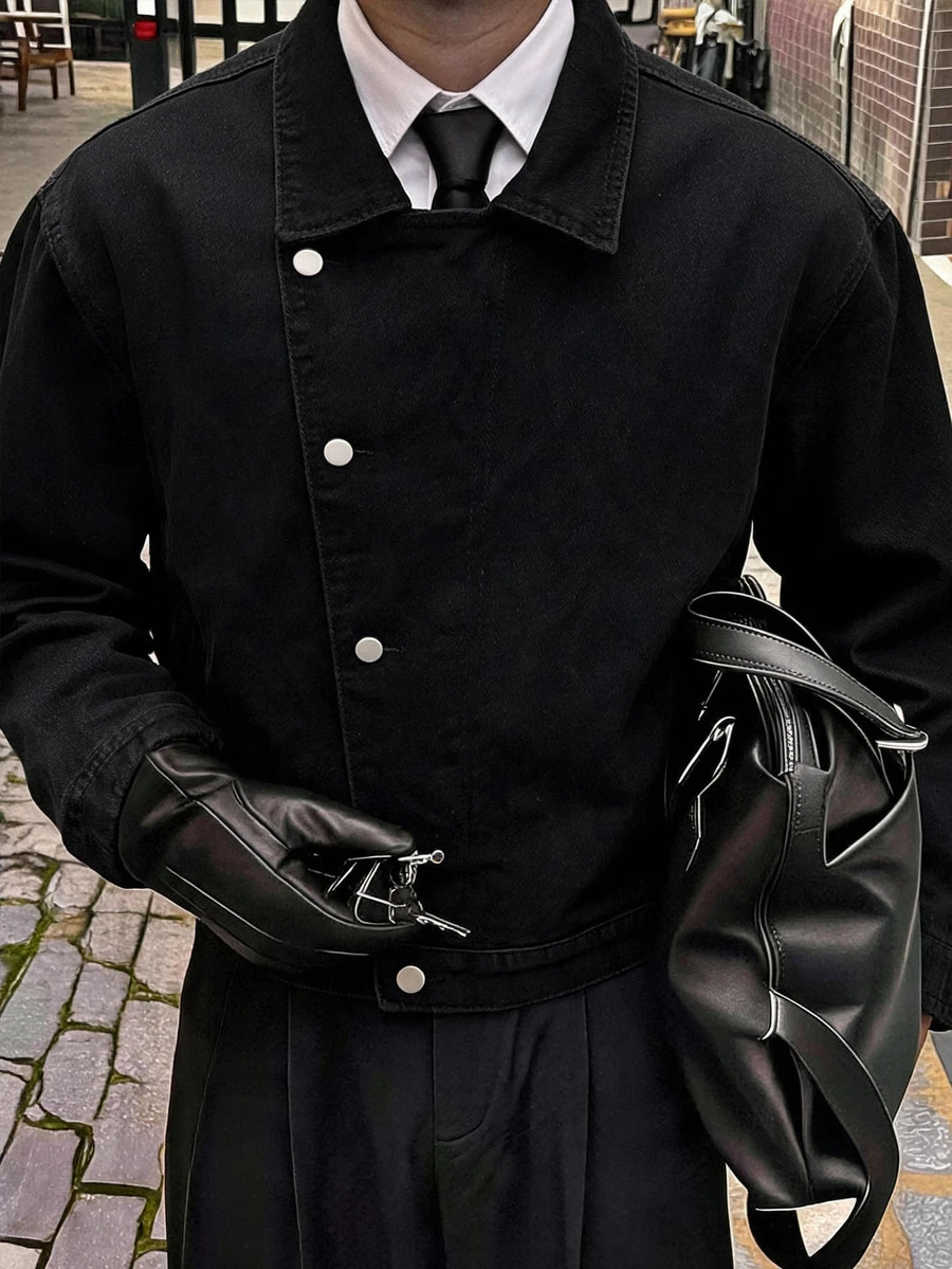 AXEPEAK Men's Minimalist Street Style Button & Zipper Long Sleeve Denim Jacket,Plain, Urban, Work - Black - View 1