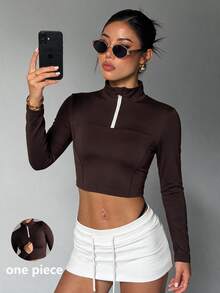 Sweetra CourtClass CourtClass Women's Yoga Exercise Workout Gym Outdoor Fitness Modest Athletic Zip-Up Long-Sleeve Design. Dark Brown Autumn - Brown - View 4
