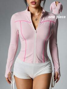 SHEIN Sports CourtClass Lady's Sporty Color-Block Outdoor Zipper Long-Sleeved Sports Outfit. - Pink - View 6