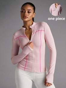 SHEIN Sports CourtClass Lady's Sporty Color-Block Outdoor Zipper Long-Sleeved Sports Outfit. - Pink - View 1