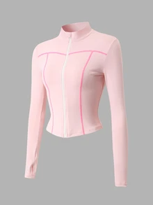 SHEIN Sports CourtClass Lady's Sporty Color-Block Outdoor Zipper Long-Sleeved Sports Outfit. - Pink - View 7