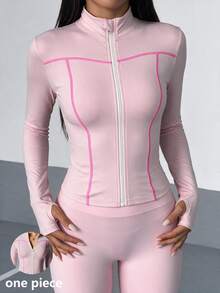 SHEIN Sports CourtClass Lady's Sporty Color-Block Outdoor Zipper Long-Sleeved Sports Outfit. - Pink - View 5