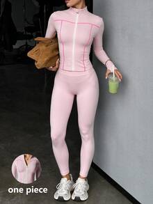 SHEIN Sports CourtClass Lady's Sporty Color-Block Outdoor Zipper Long-Sleeved Sports Outfit. - Pink - View 4