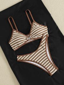 SHEIN Swim 女款夏季海灘條紋細肩帶性感比基尼三角褲兩件式泳衣套裝 - 彩色 - 查看 6