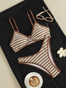 SHEIN Swim 女款夏季海灘條紋細肩帶性感比基尼三角褲兩件式泳衣套裝 - 彩色 - 查看 5