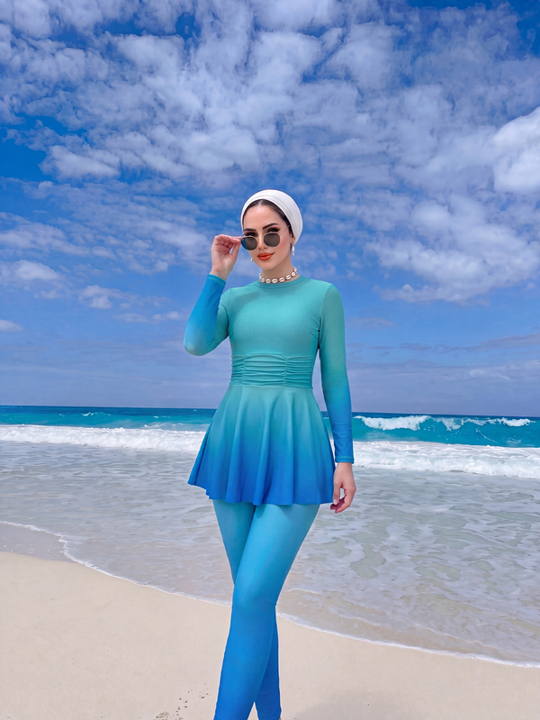 Swim Mulvari 2pcs Floral Print Full Coverage Long Sleeve Long Top & Solid Color Long Pants Burkini Swimwear Set Women's Swimwear