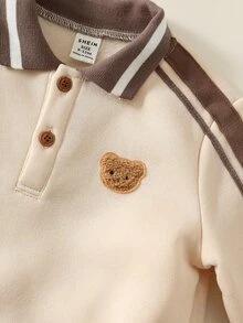 中性嬰兒男/女童 幼兒 2件組 秋冬保暖內裡加厚休閒可愛拼色拼接翻領運動衫套裝 嬰兒運動服 冬季衣服 套裝 - 摩卡棕 - 查看 4
